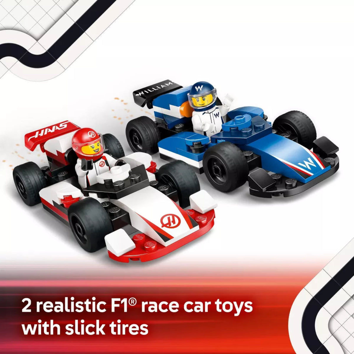 Two realistic F1 race car toys with slick tires on a white background