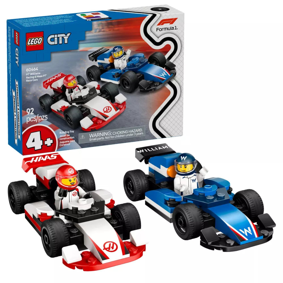 LEGO City Formula 1 set with two racing cars and packaging on a white background