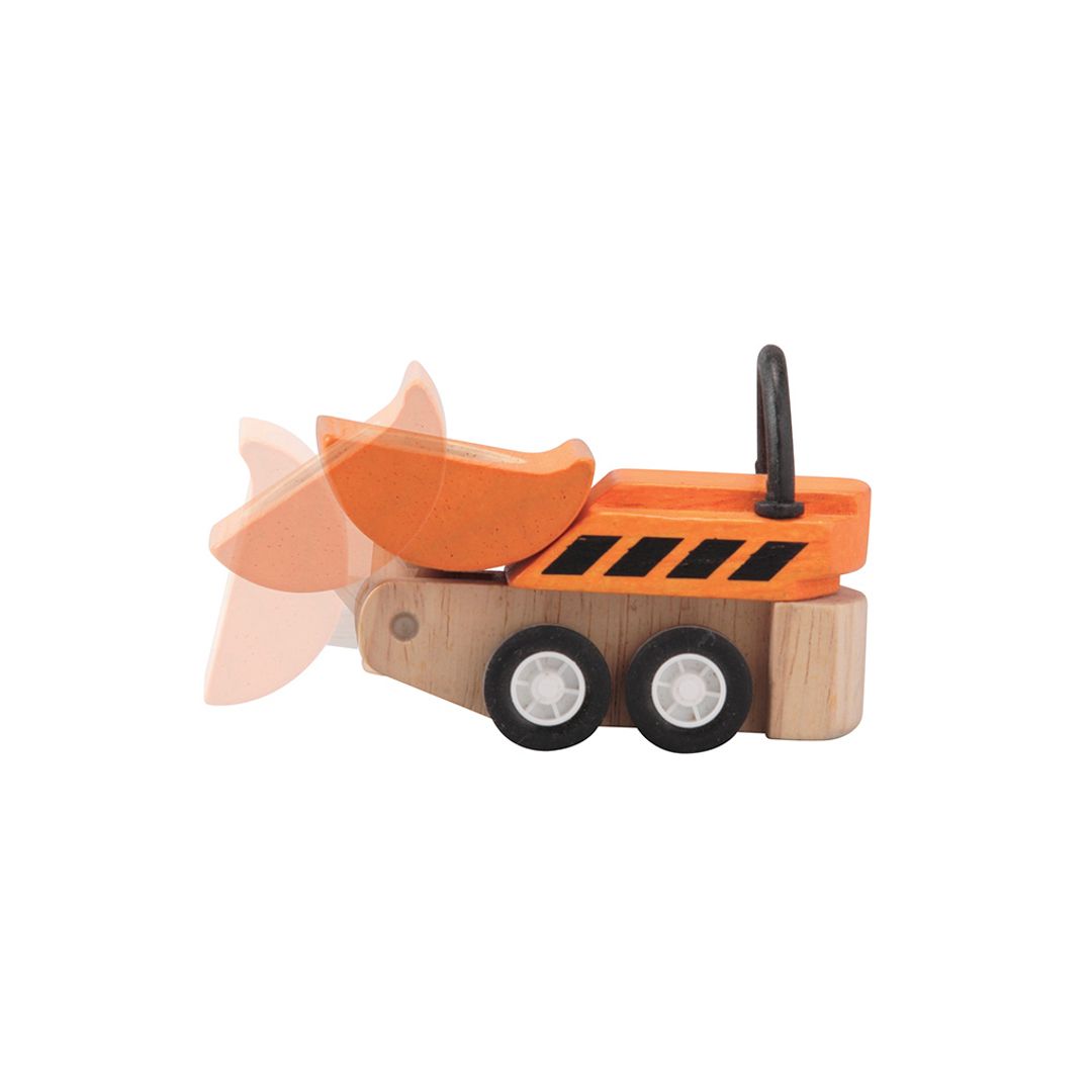 Graphic demonstrating the tilting bed motion of the sustainable PlanToys wooden dump truck.