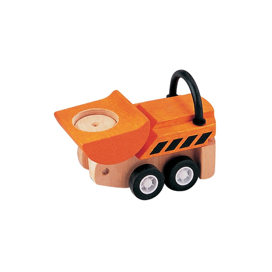 Detailed view of the chemical-free rubberwood PlanToys dump truck with its sturdy black wheels.