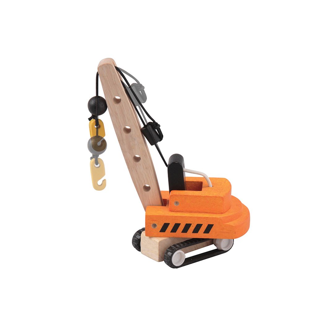 Side profile of the PlanToys wooden crane truck highlighting its functional hoisting mechanism.