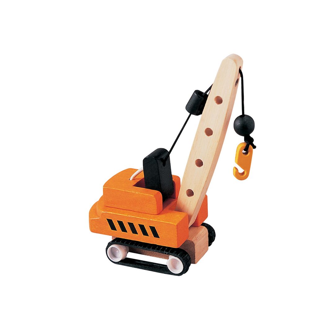 Front angle of the sustainable PlanToys construction crane ready for imaginative building play.