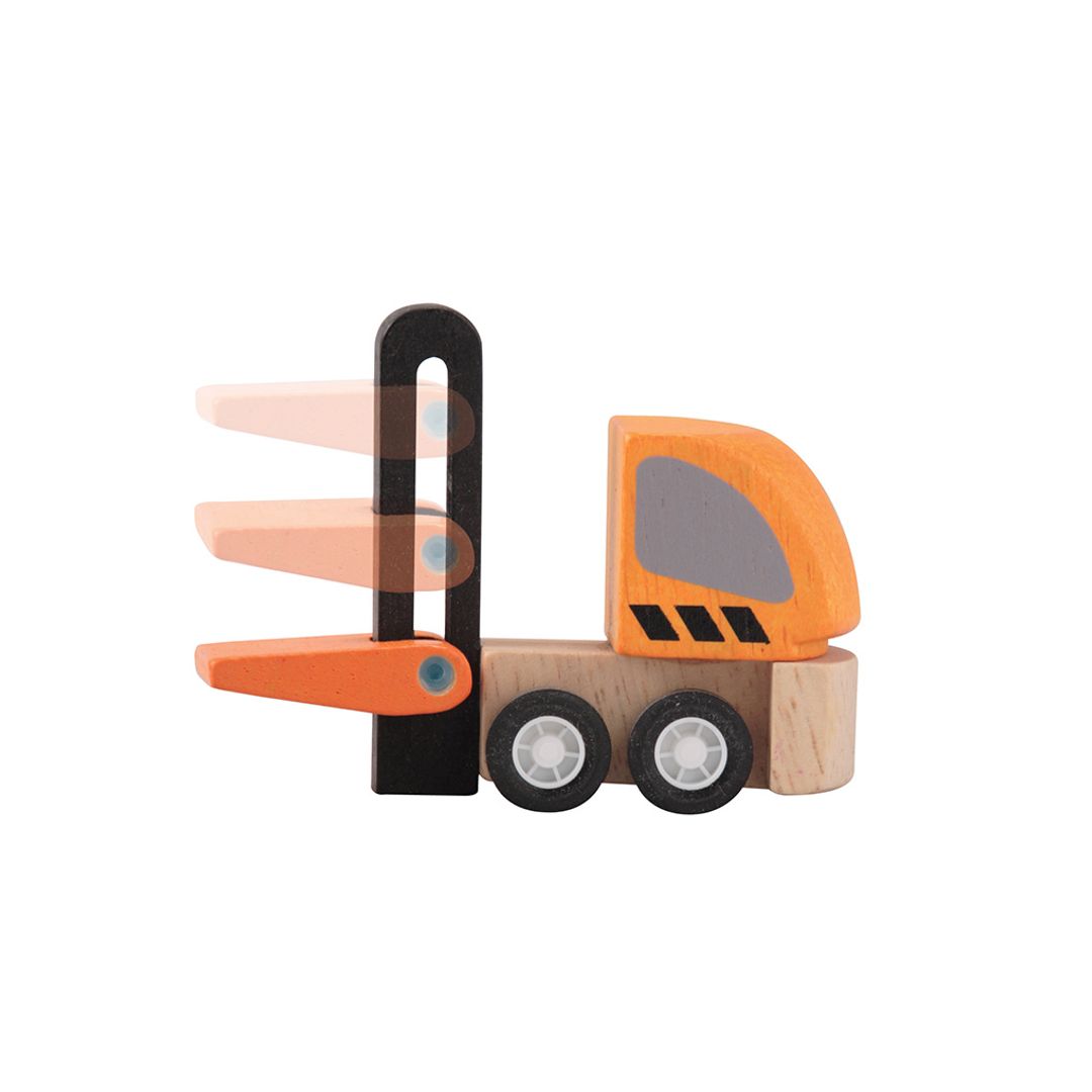 Plantoys wooden toy truck with a forklift on a white background