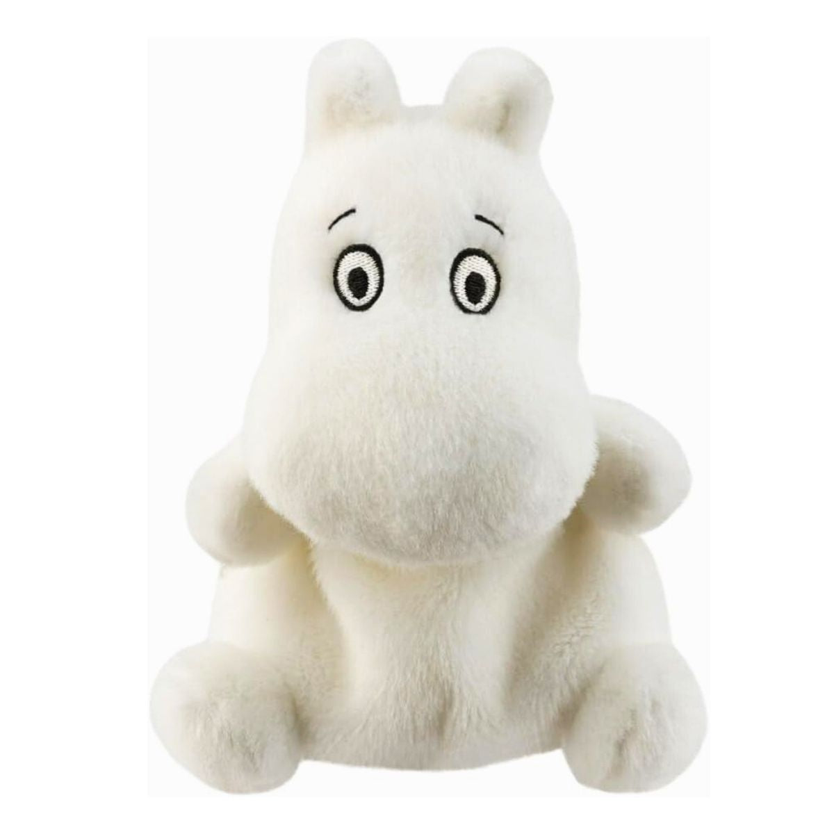 Straight-on front view of the soft white Palm Pals Moomin plush featuring its classic round snout and big eyes.