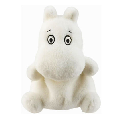 Straight-on front view of the soft white Palm Pals Moomin plush featuring its classic round snout and big eyes.