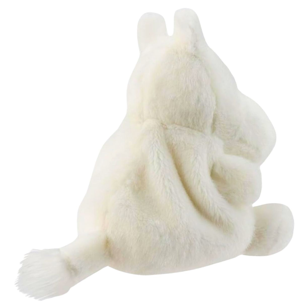Direct back view of the cuddly white Palm Pals Moomin stuffed animal showing its little ears and tail.