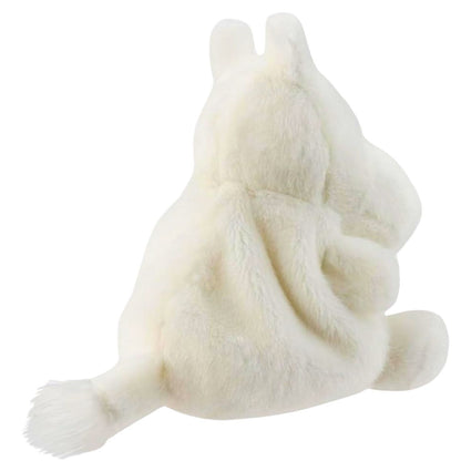 Direct back view of the cuddly white Palm Pals Moomin stuffed animal showing its little ears and tail.