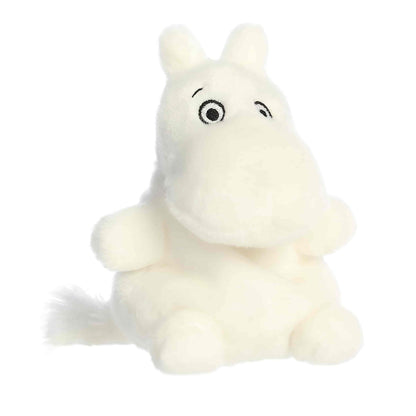 Angled front view of the 5-inch Aurora Palm Pals Moomin white stuffed animal sitting upright.