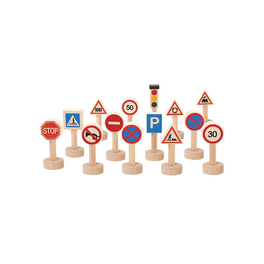 Detailed view of the 14 international road signs and one traffic light from the sustainable PlanToys city accessory set.