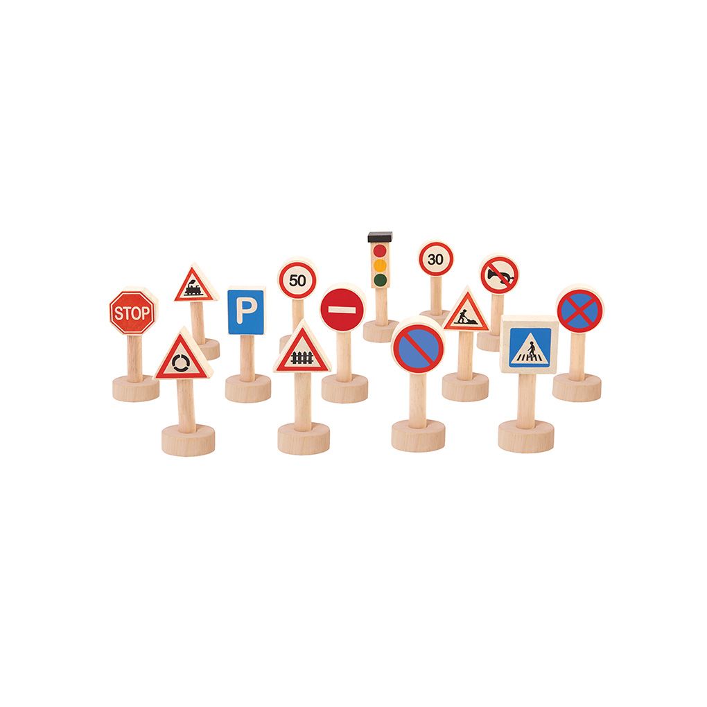 A complete set of eco-friendly PlanToys wooden traffic signs and lights arranged together on a white background
