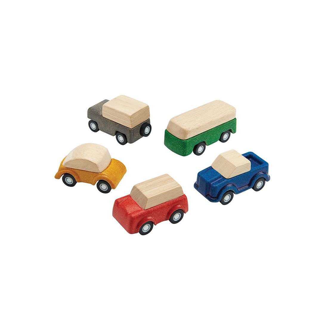 Close-up detail of the non-toxic, water-based painted finish on the chemical-free PlanToys wooden vehicle fleet.