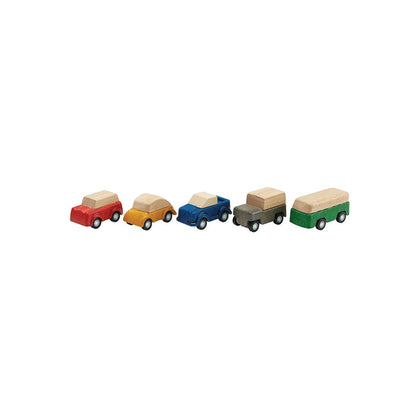 Overhead view of the heavy-duty, earth-friendly PlanToys Planworld car set ready for hands-on, screen-free playtime.