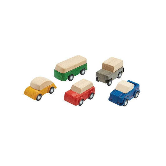 Front view of the complete 6-piece PlanToys wooden Planworld car vehicle set featuring five distinct models.