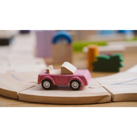 PlanToys eco-friendly pink car set on wooden road track