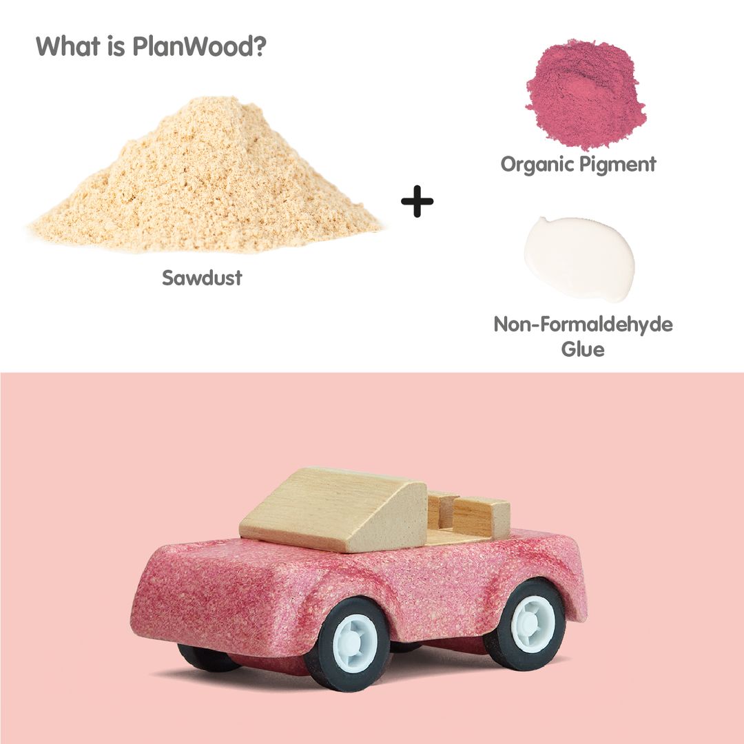 PlanToys wooden pink sports car toy showing its manufacturing components.