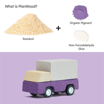 PlanToys wooden purple delivery truck show its components.