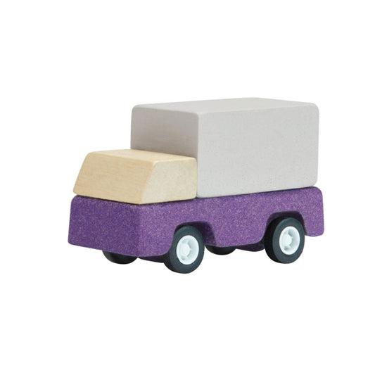 PlanToys wooden purple delivery truck toy.