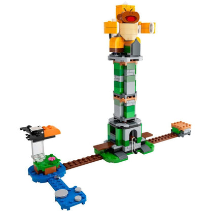 The fully built 231-piece Boss Sumo Bro Topple Tower showing the green and gray tower structure and the interactive lever base.