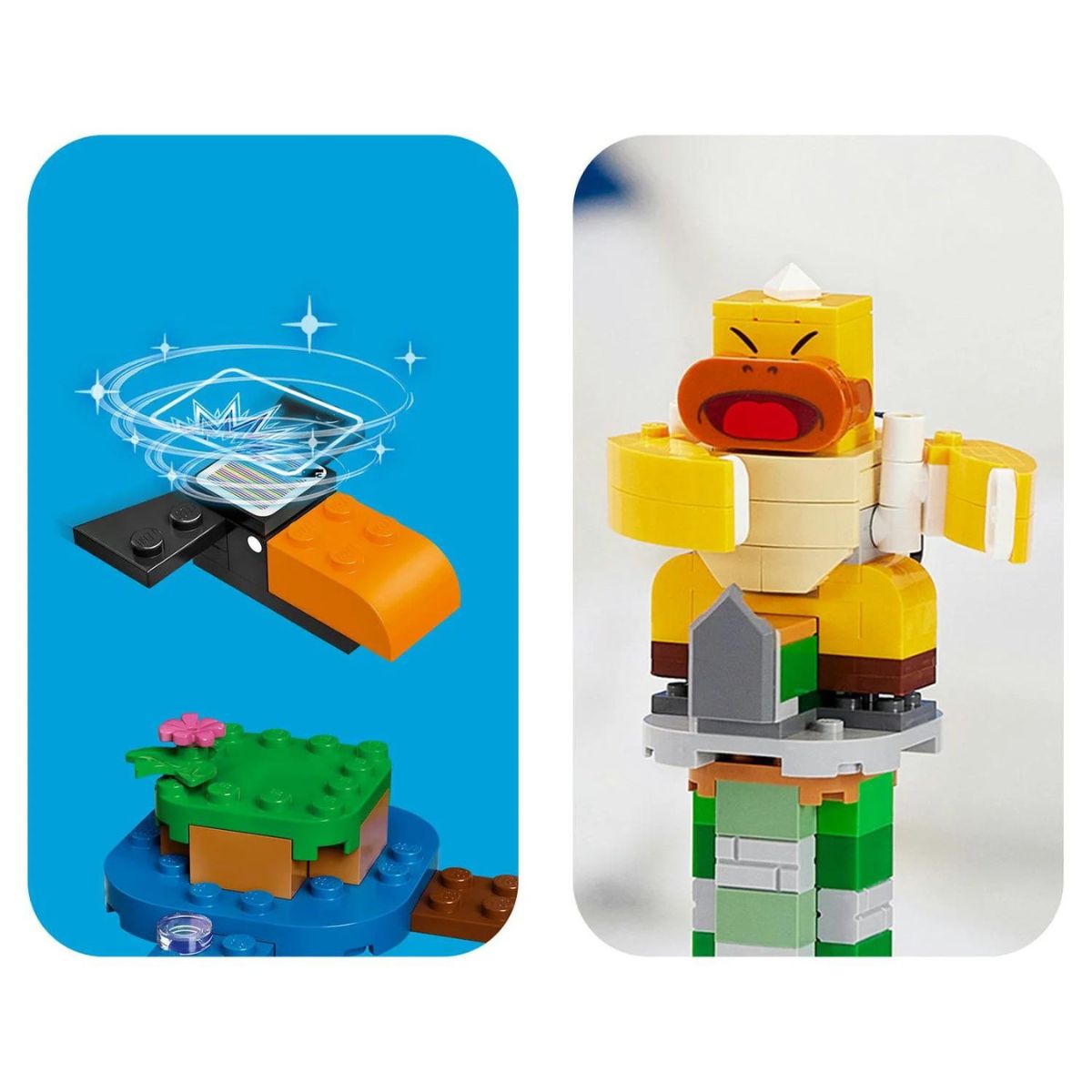 Close-up infographic showing the interactive action bricks located on the Crowber and Boss Sumo Bro figures.