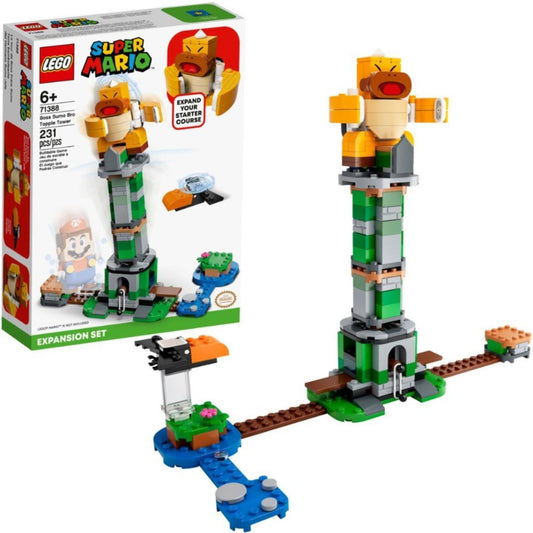 Front view of the LEGO Super Mario Boss Sumo Bro Topple Tower Expansion Set 71388 box and the built set featuring the tower, Boss Sumo Bro, and a Crowber.