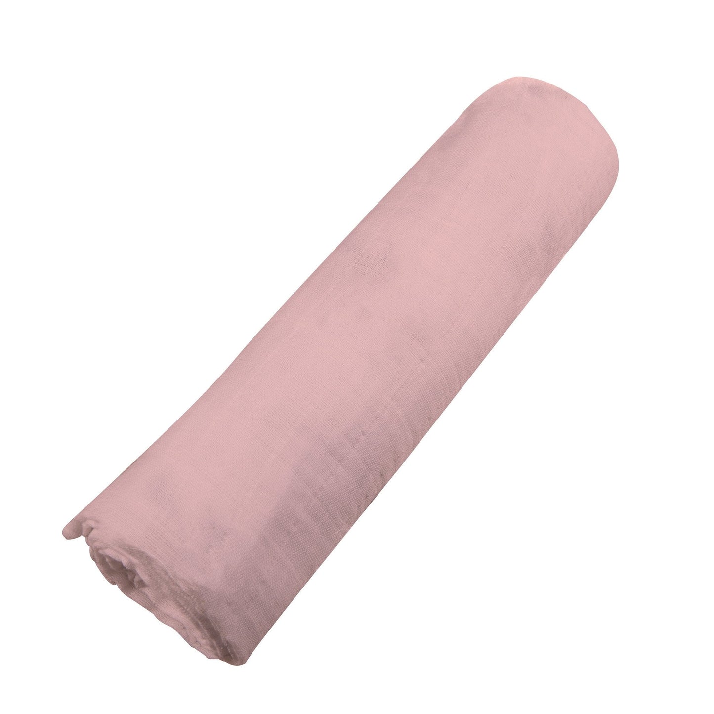 Angled view of the solid pink bamboo muslin swaddle blanket neatly rolled up into a cylinder.