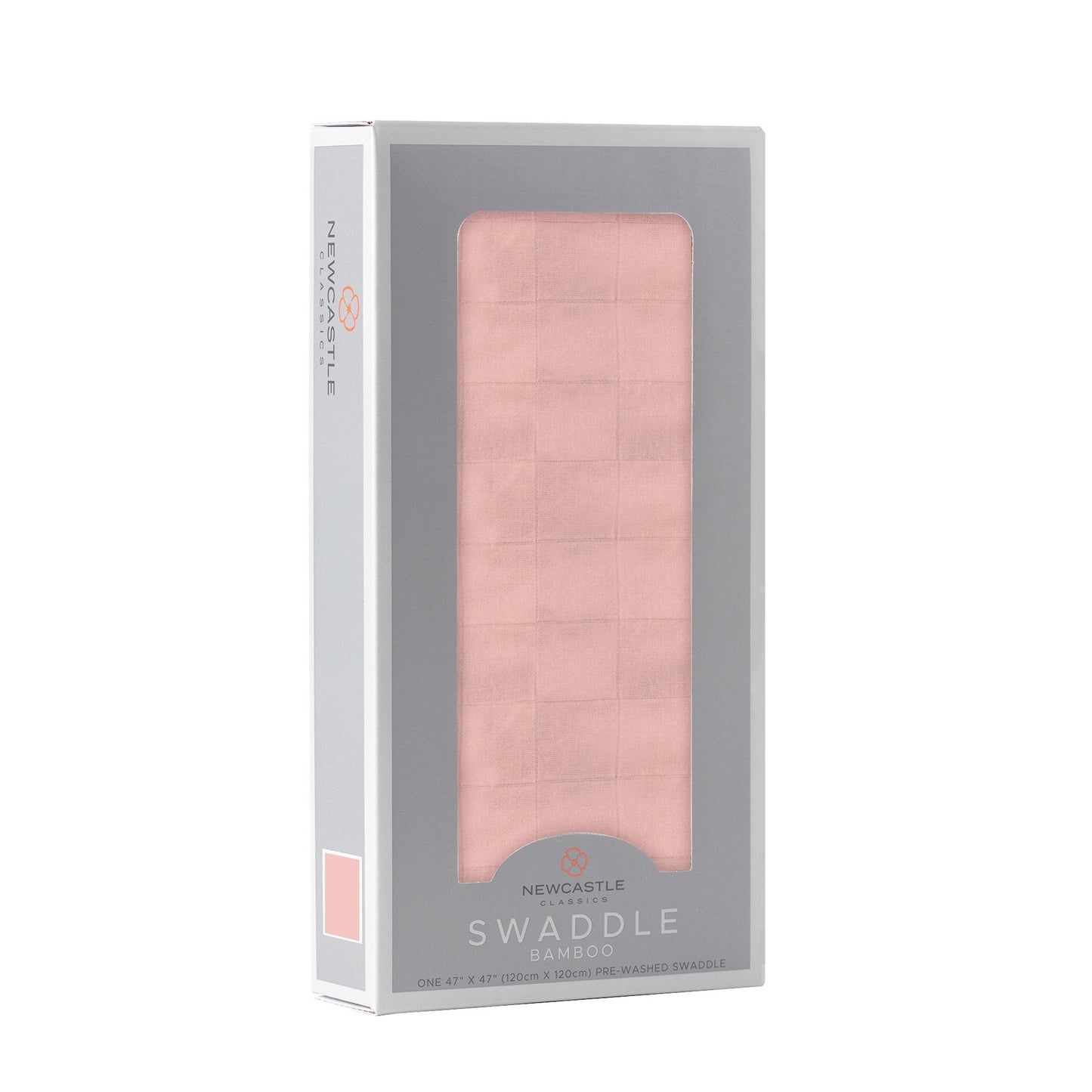 Angled front view of the packaged Pink Rose baby swaddle blanket folded inside a grey Newcastle Classics display box.