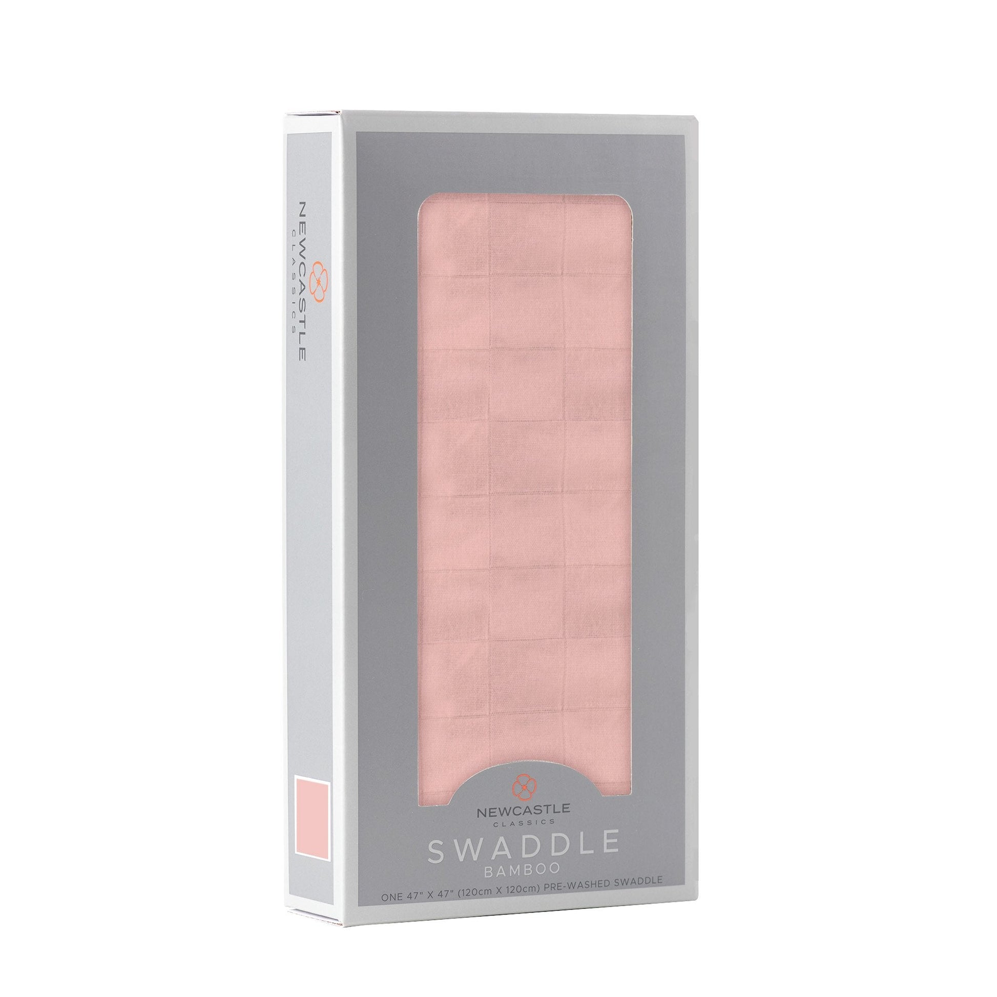 Angled front view of the packaged Pink Rose baby swaddle blanket folded inside a grey Newcastle Classics display box.