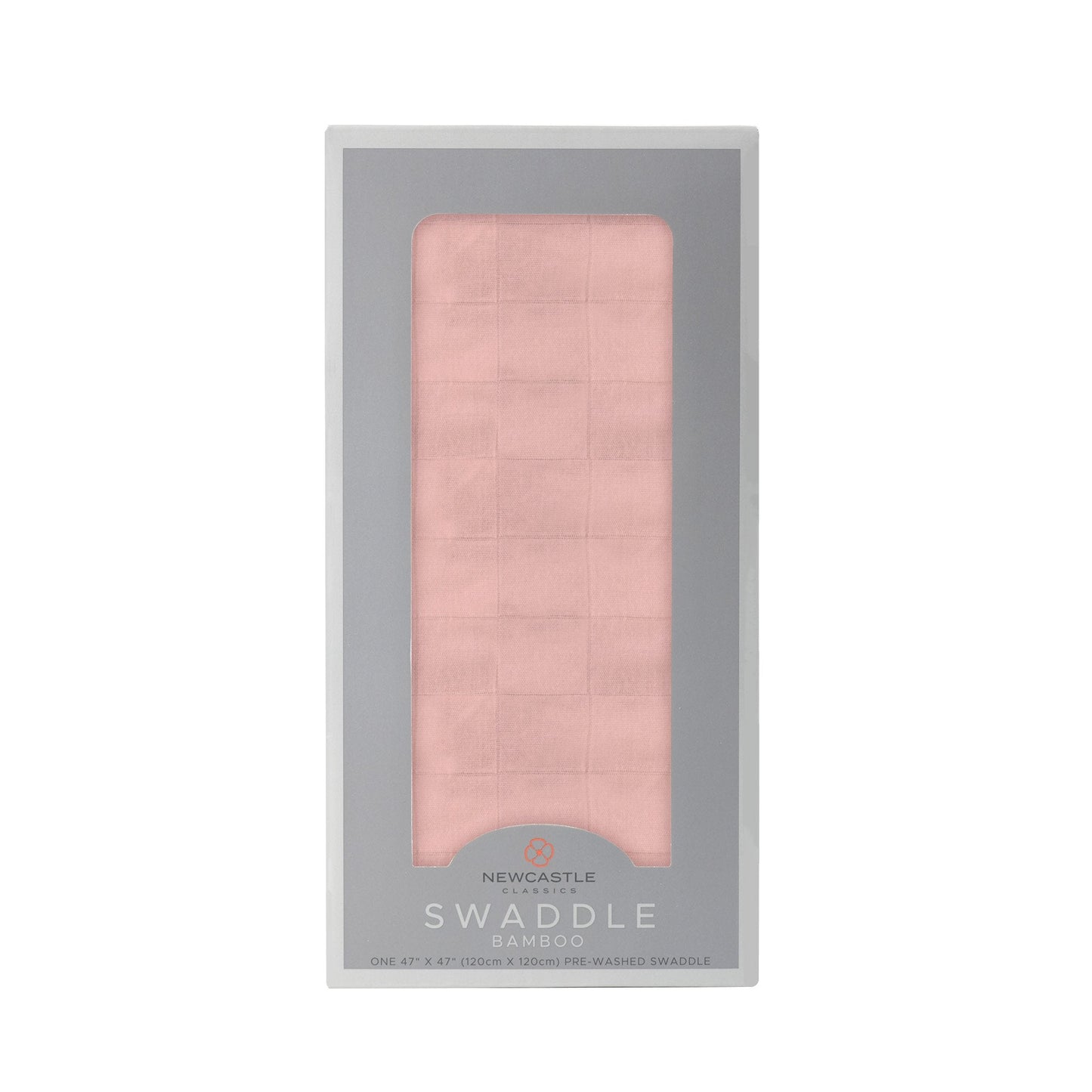 Straight front view of the packaged Pink Rose baby swaddle blanket inside a grey Newcastle Classics display box.