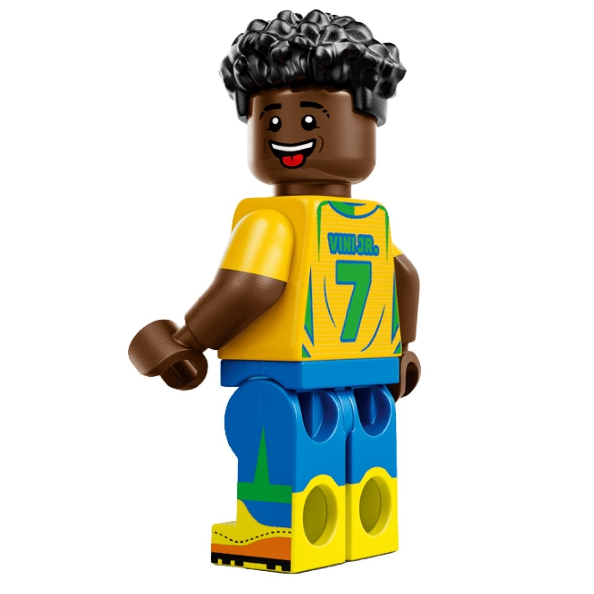 Close-up rear profile view of the exclusive Vini Jr. LEGO minifigure showcasing his yellow and blue national kit, detailed curly fade hairstyle, and jersey number 7.