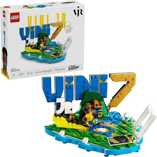 LEGO Editions Vini Jr. Soccer Highlights building set showing the official box art and the completed 510-piece Brazilian-themed stadium display with blue VINI JR letters and a gold 7.