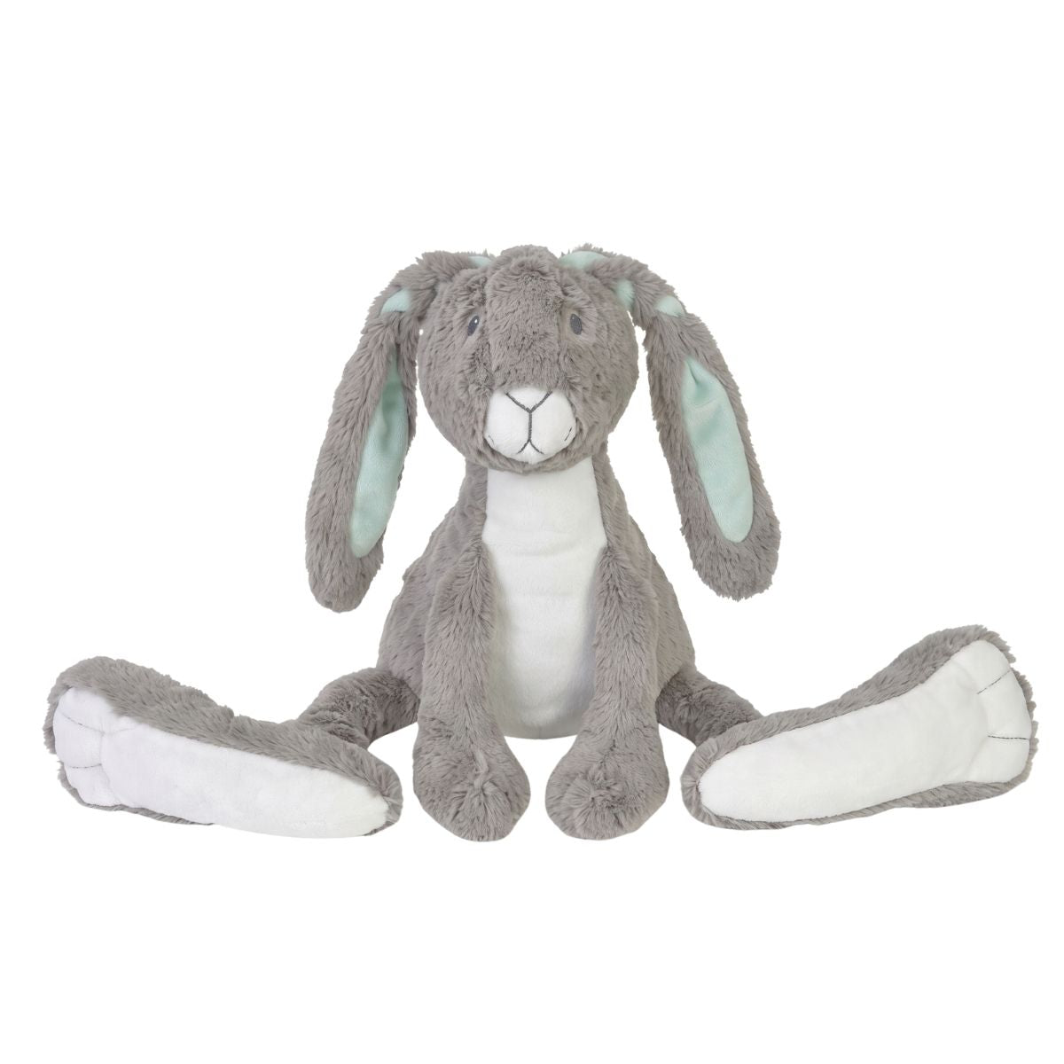 Happy Horse Rabbit Twine No. 3 grey plush stuffed animal with extremely long legs and mint green inner ears sitting against a white background.