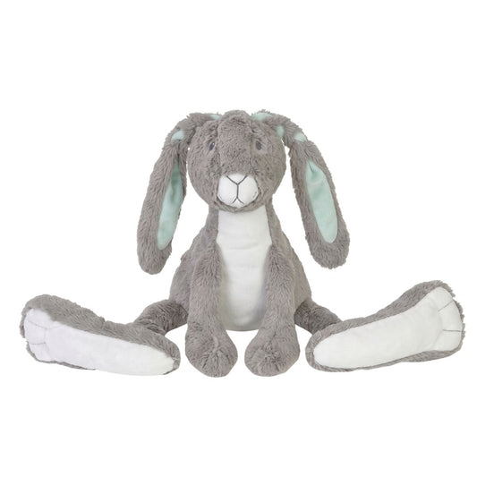 Happy Horse Rabbit Twine No. 3 grey plush stuffed animal with extremely long legs and mint green inner ears sitting against a white background.