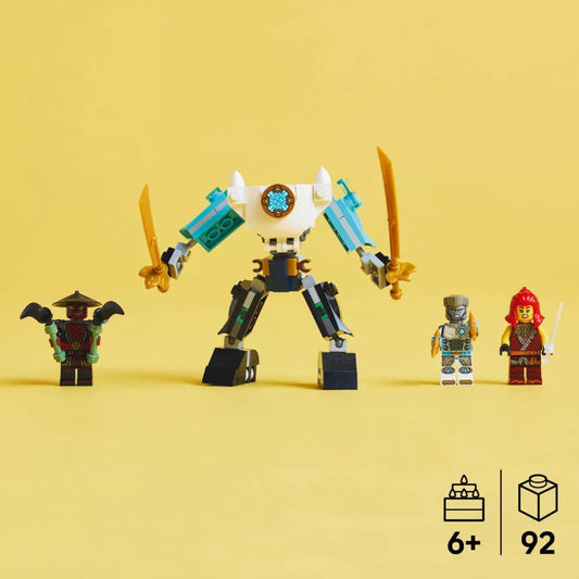 Toy robot figure with four characters on a yellow background