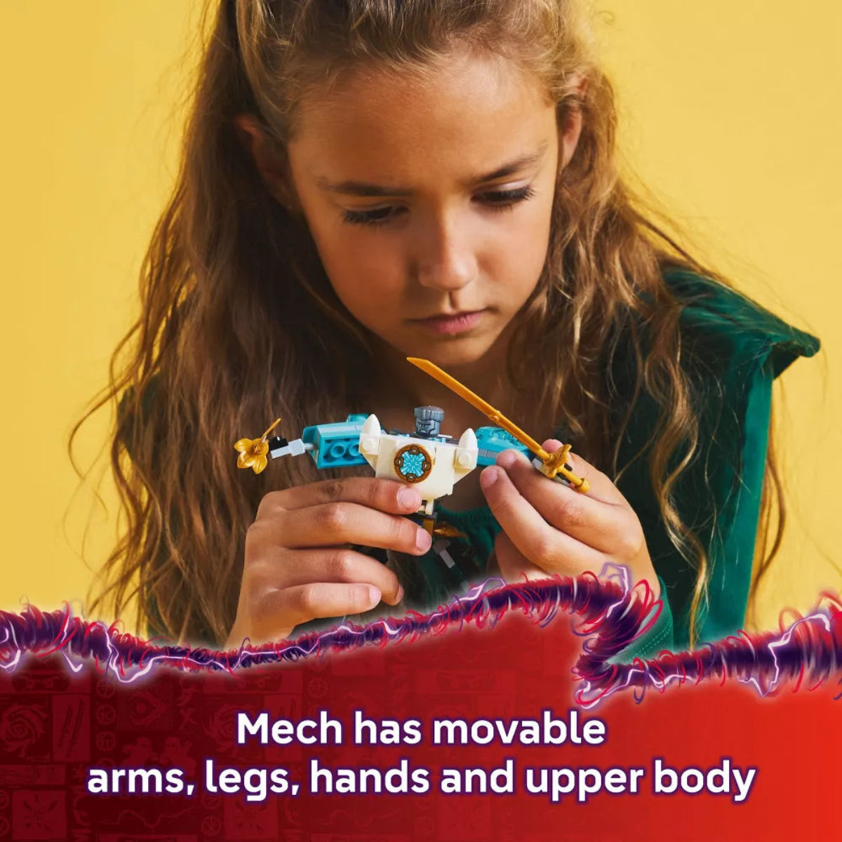 Girl playing with a toy mech against a yellow background