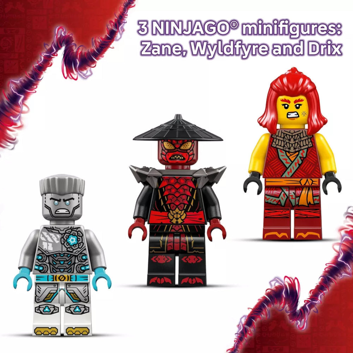 Three LEGO NINJAGO minifigures on a white background with red and purple accents.