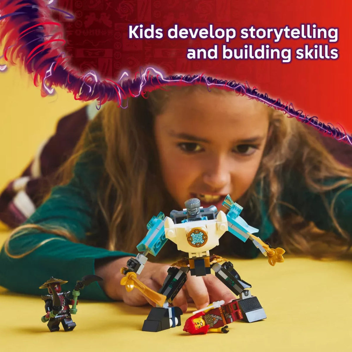 Child playing with a toy robot on a yellow surface, with text about storytelling and building skills.