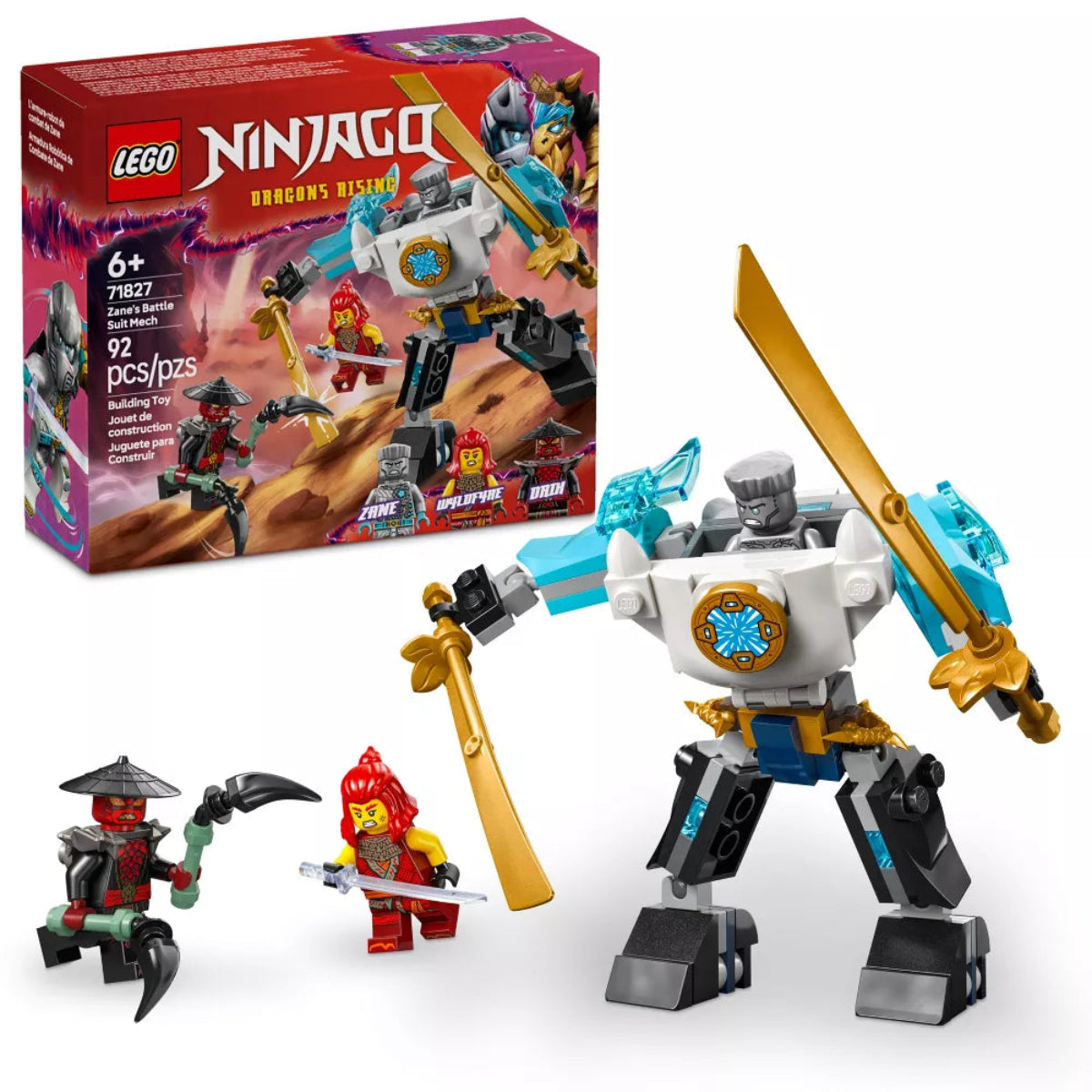 LEGO Ninjago set with robot figure, two ninja figures, and packaging on a white background