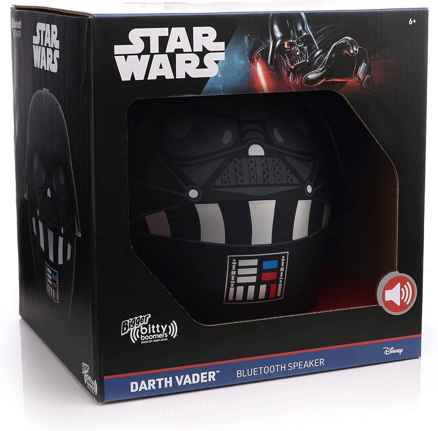 Front view of the 8-inch Darth Vader Bluetooth speaker inside its large official black Star Wars display packaging.