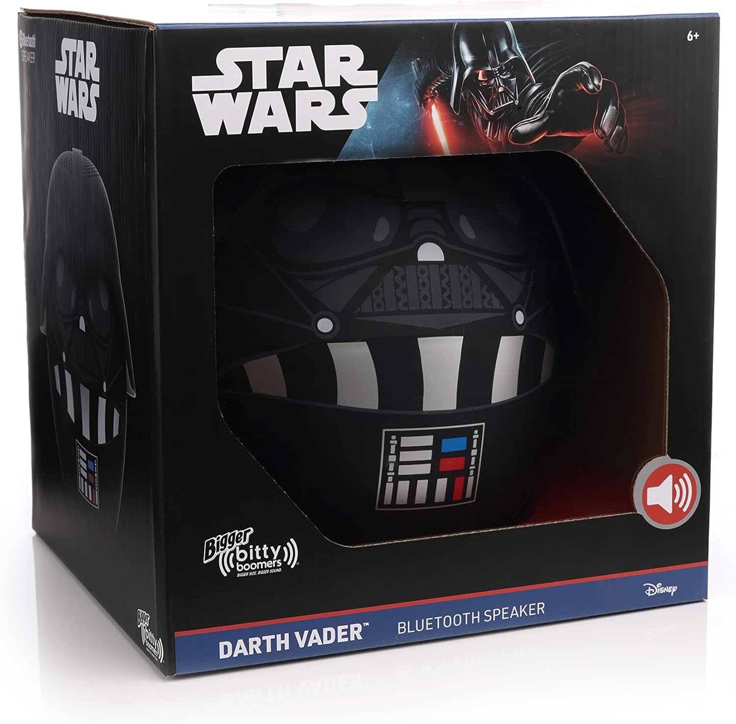 Front view of the 8-inch Darth Vader Bluetooth speaker inside its large official black Star Wars display packaging.