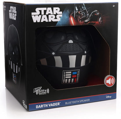 Front view of the 8-inch Darth Vader Bluetooth speaker inside its large official black Star Wars display packaging.