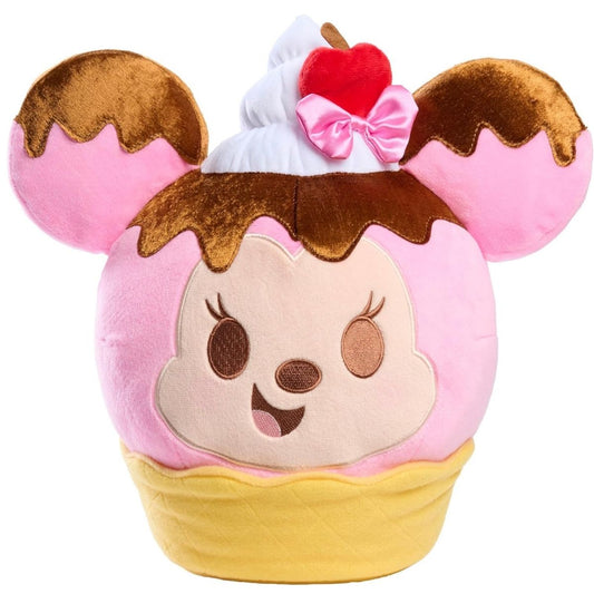Front view of the 10-inch Disney Munchlings Minnie Mouse Strawberry Sundae Waffle Bowl plush showing her large ears, sweet face, and strawberry bow.