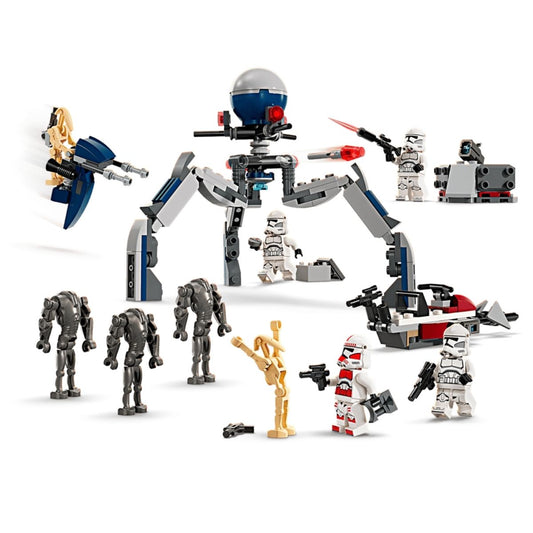 The assembled LEGO® Star Wars battle pack components showing the Tri-Droid walker, STAP speeder, Clone speeder bike, and defensive post.