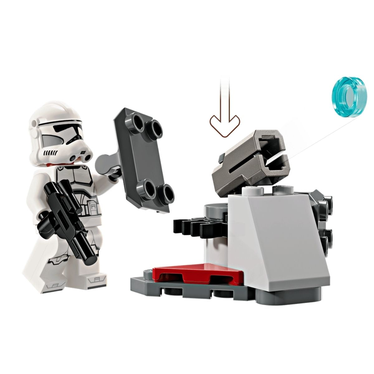 A Clone Trooper taking cover behind the buildable gray defense post and firing the integrated translucent blue stud-shooting gun.