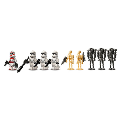 The nine included LEGO® Star Wars figures featuring four Clone Troopers, three Super Battle Droids, and two Battle Droids standing in a row.