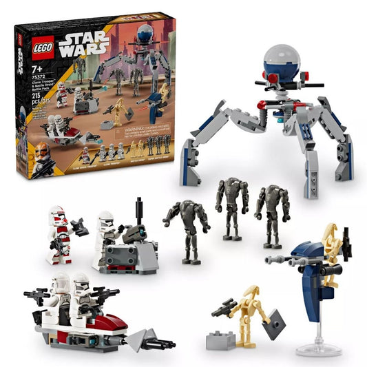 LEGO® Star Wars set 75372 packaging box next to a large battle scene featuring a Tri-Droid, Clone speeder, and 9 action figures.