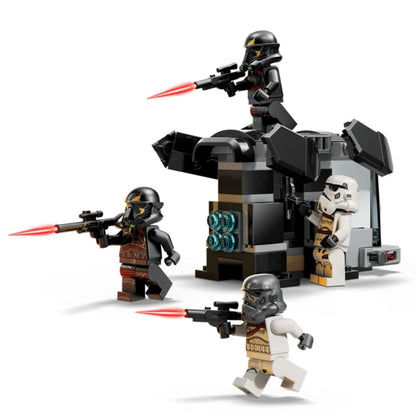 The completed LEGO® dropship model with trooper figures firing red laser studs from the built-in shooters.