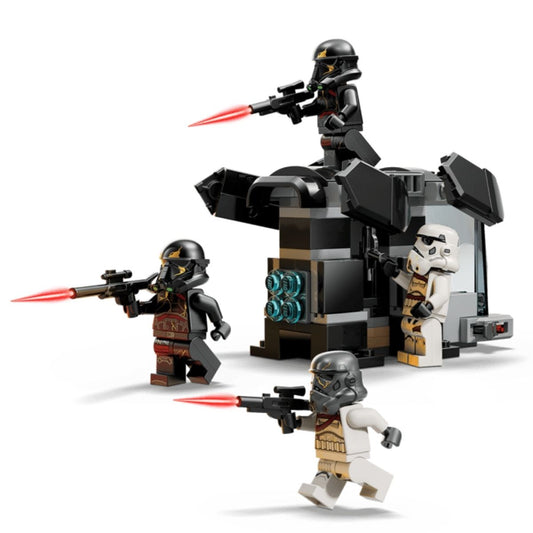 The completed LEGO® dropship model with trooper figures firing red laser studs from the built-in shooters.