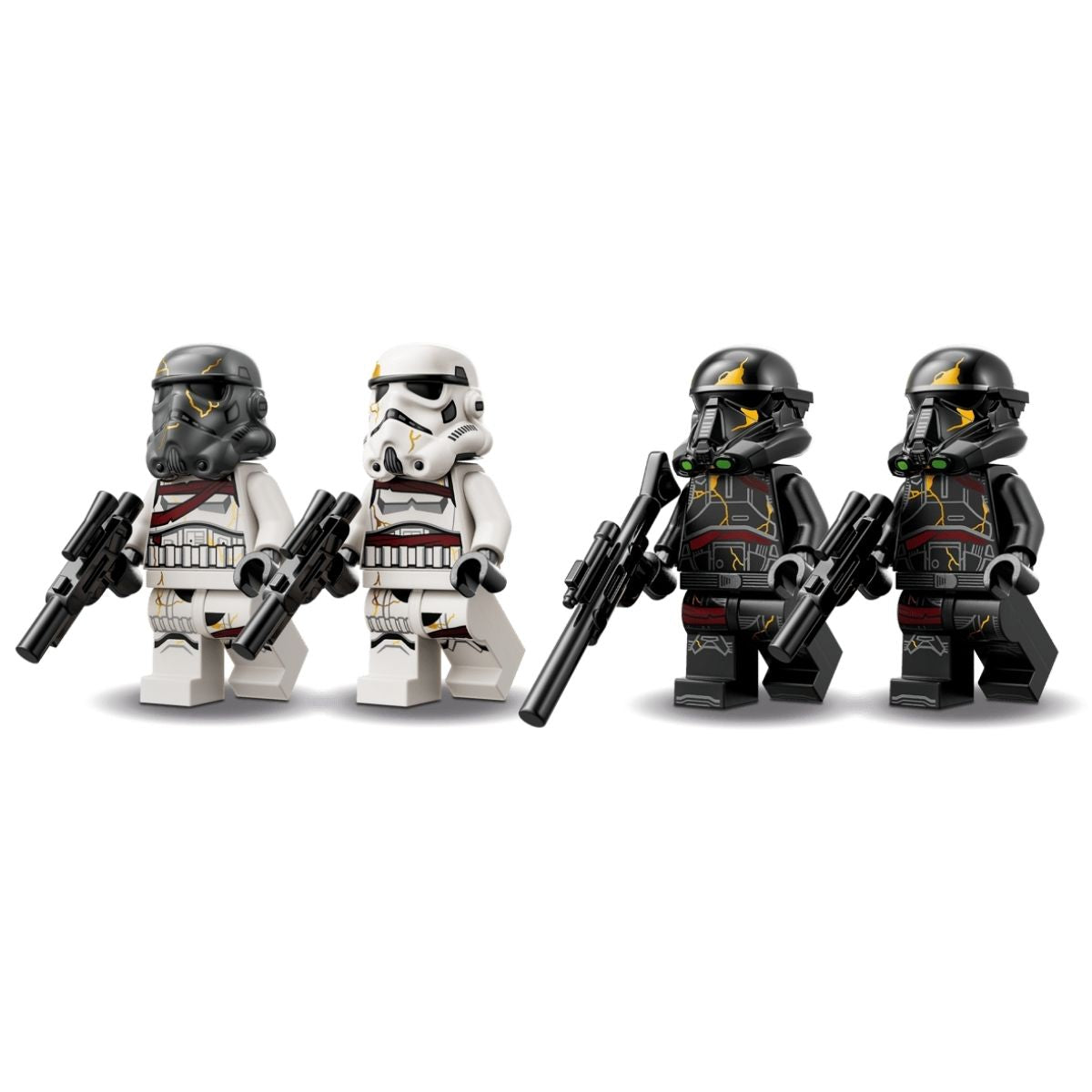 The four included LEGO® minifigures featuring two Death Troopers and two Night Troopers standing side by side.