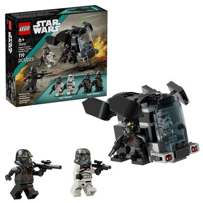 LEGO® Star Wars set 75412 packaging box next to an assembled black Imperial dropship and four soldier minifigures.