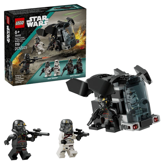 LEGO® Star Wars set 75412 packaging box next to an assembled black Imperial dropship and four soldier minifigures.